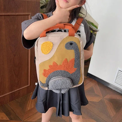 New Embroidery Sun Long Neck Small Dinosaur Backpack Hook Hair Embroidered Cartoon Canvas Kindergarten Children Backpack