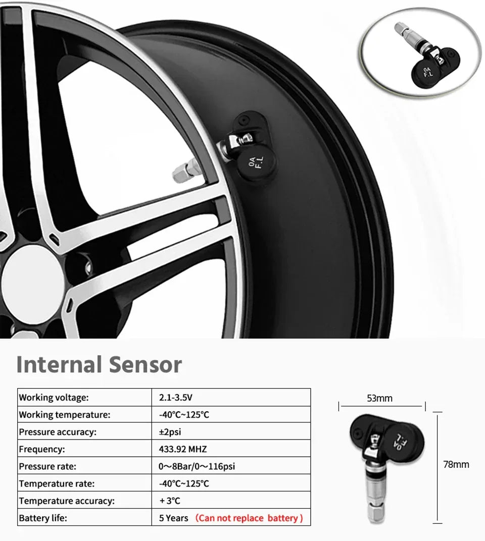 Wireless Solar Charging TPMS Real-time Monitoring with Electronic Clock Display 4 Sensors Tire Pressure Monitoring System