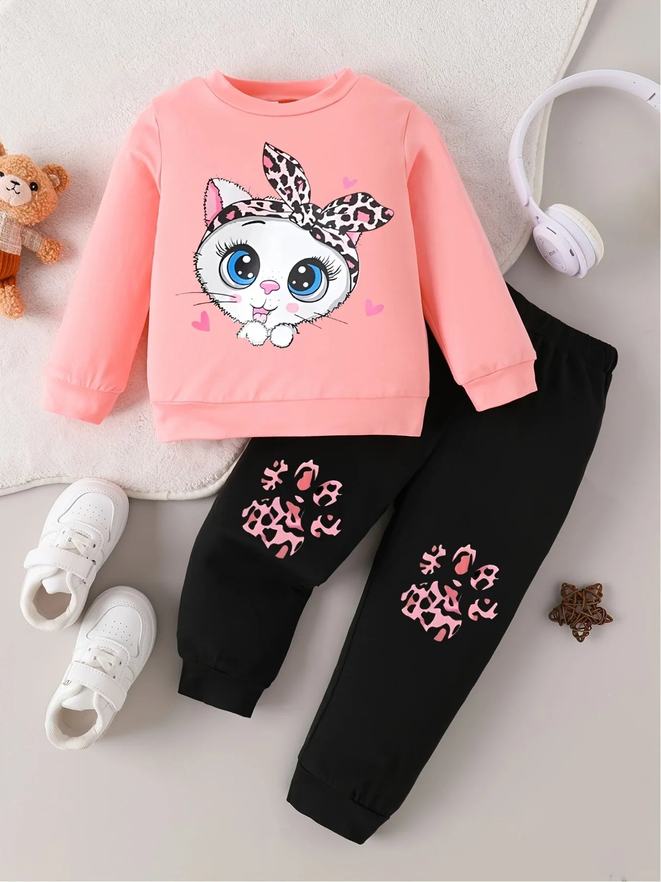 Pink Leopard Headband Cat Toddler Outfit | 2-Piece Long Sleeve Top & Pants Set for Baby Girls