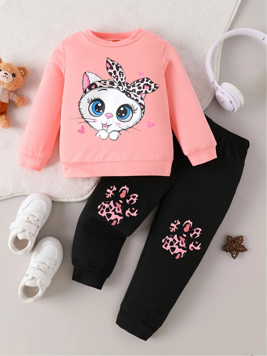 Pink Leopard Headband Cat Toddler Outfit | 2-Piece Long Sleeve Top & Pants Set for Baby Girls