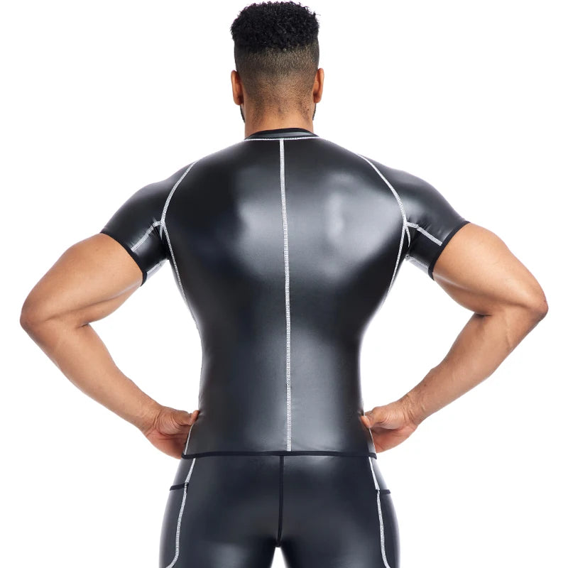 Men`s Stand Collar Leather Jacket White line Faux Leather Pants Fitness Men Body Shaper Waist Trainer Corsets Zipper Slim Shirts