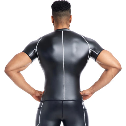 Men`s Stand Collar Leather Jacket White line Faux Leather Pants Fitness Men Body Shaper Waist Trainer Corsets Zipper Slim Shirts