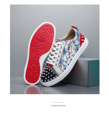 New Fashion Silver Trainers Glitter Spiky Shoes Men Lace Up Sneakers Low Top Shoes Red Sole Man Designer Sneaker With Spikes