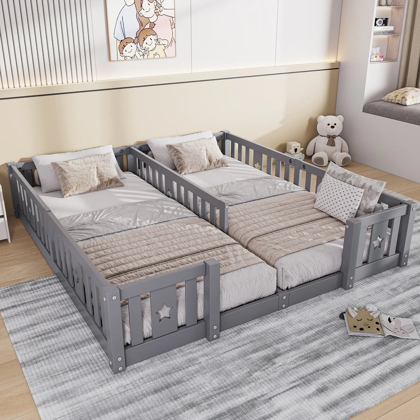 Rosahqnda Children's Bed Floor Bed 90x200cm with Railing Gate,Pine Wooden Bed for Families with 2 Children,Children's Twin Bed