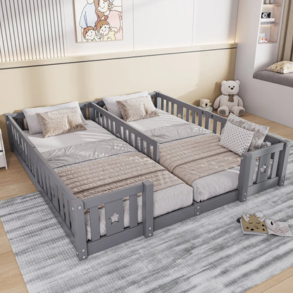 Rosahqnda Children's Bed Floor Bed 90x200cm with Railing Gate,Pine Wooden Bed for Families with 2 Children,Children's Twin Bed