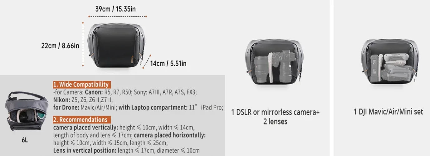 PGYTECH OneGo Solo V2 Camera Shoulder Bag 4L 6L 10L Crossbody Camera Sling Bag Outdoor Travel Bag For Sony /Canon/ Nikon