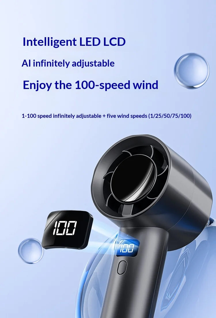 Portable Handheld Fan 100 Wind Speeds Mini Bladeless Hand Fan USB Rechargeable Highspeed Fans Camping Electric Fans Air Cooler