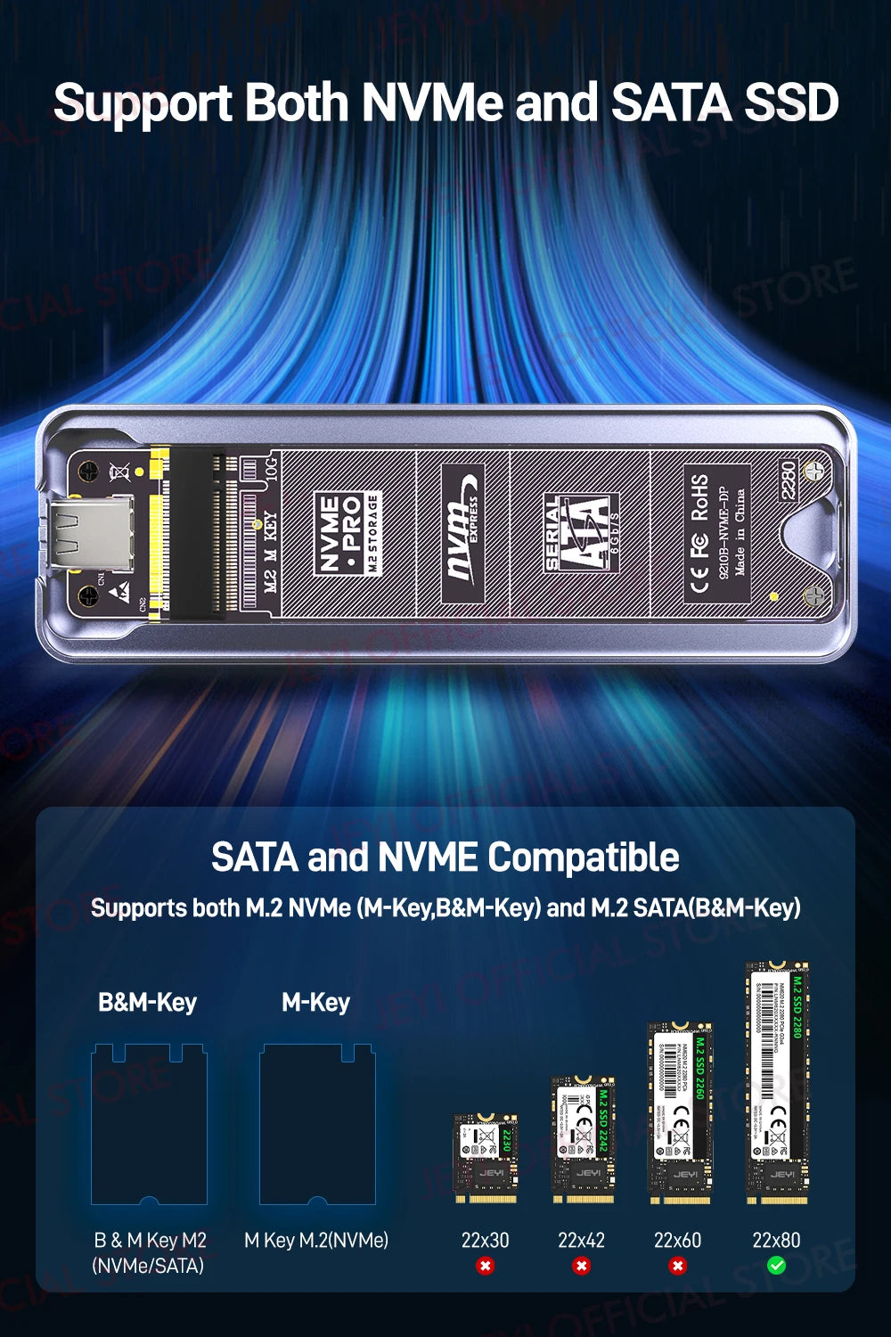 JEYI Visual Smart M.2 NVMe NGFF SSD Enclosure, Supports 5s Write Protection, 3s Re-connect, USB 3.2 Gen2 10Gbps, UASP Trim