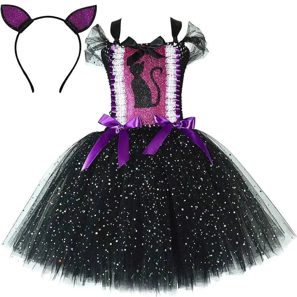 Sparkly Black Cat Tutu Dress for Baby Girls Animal Halloween Costumes with Ears Hairbow Kids Twinkle Kitty Ballet Tutus Outfit