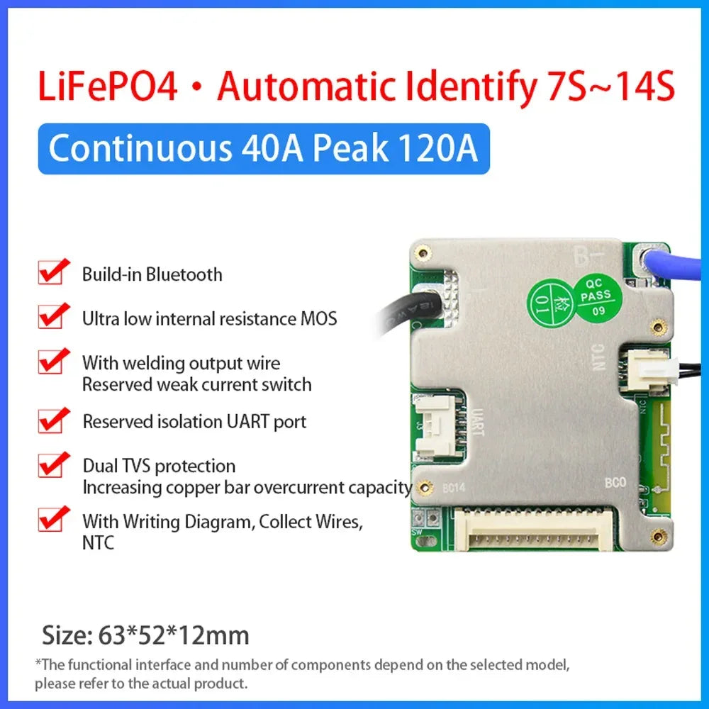 JBD BMS Auto-Identify 7S 8S 10S 12S 13S 14S 20A 30A 40A 50A LiFePo4 Smart BMS 24V 36V 48V Battery Management System for E-Bike