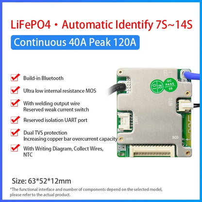 JBD BMS Auto-Identify 7S 8S 10S 12S 13S 14S 20A 30A 40A 50A LiFePo4 Smart BMS 24V 36V 48V Battery Management System for E-Bike