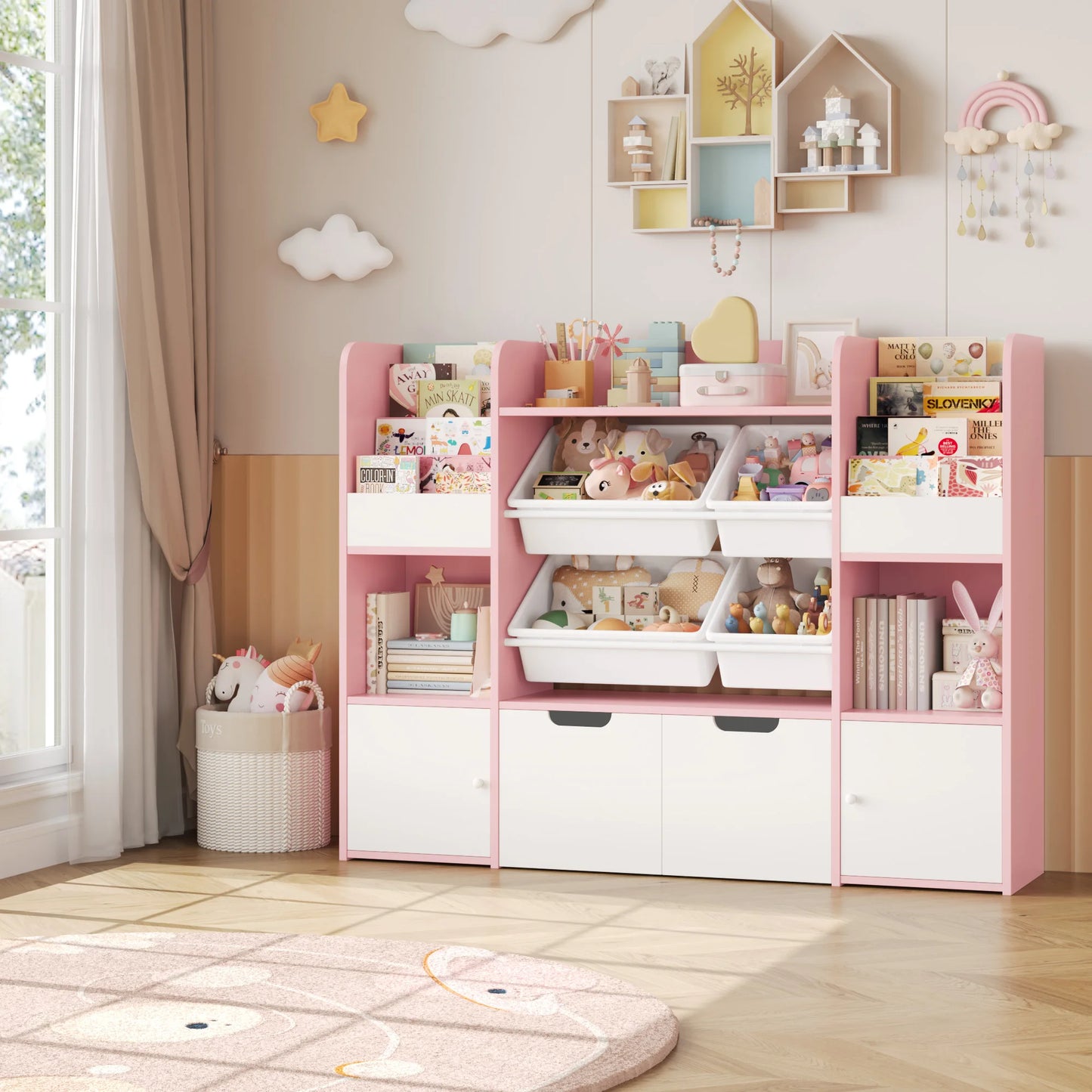 Getone Toy Storage Unit Children's Bookshelf Kid's Room Furniture Bookcase with 4 Boxing 2 boxing rolls 13 shelves 126x30x104cm