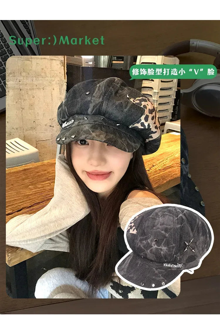 American Punk Style Rivet Star Design Octagonal Hats for Women Spring and Autumn Casual Versatile Retro Washed Denim Berets Cap