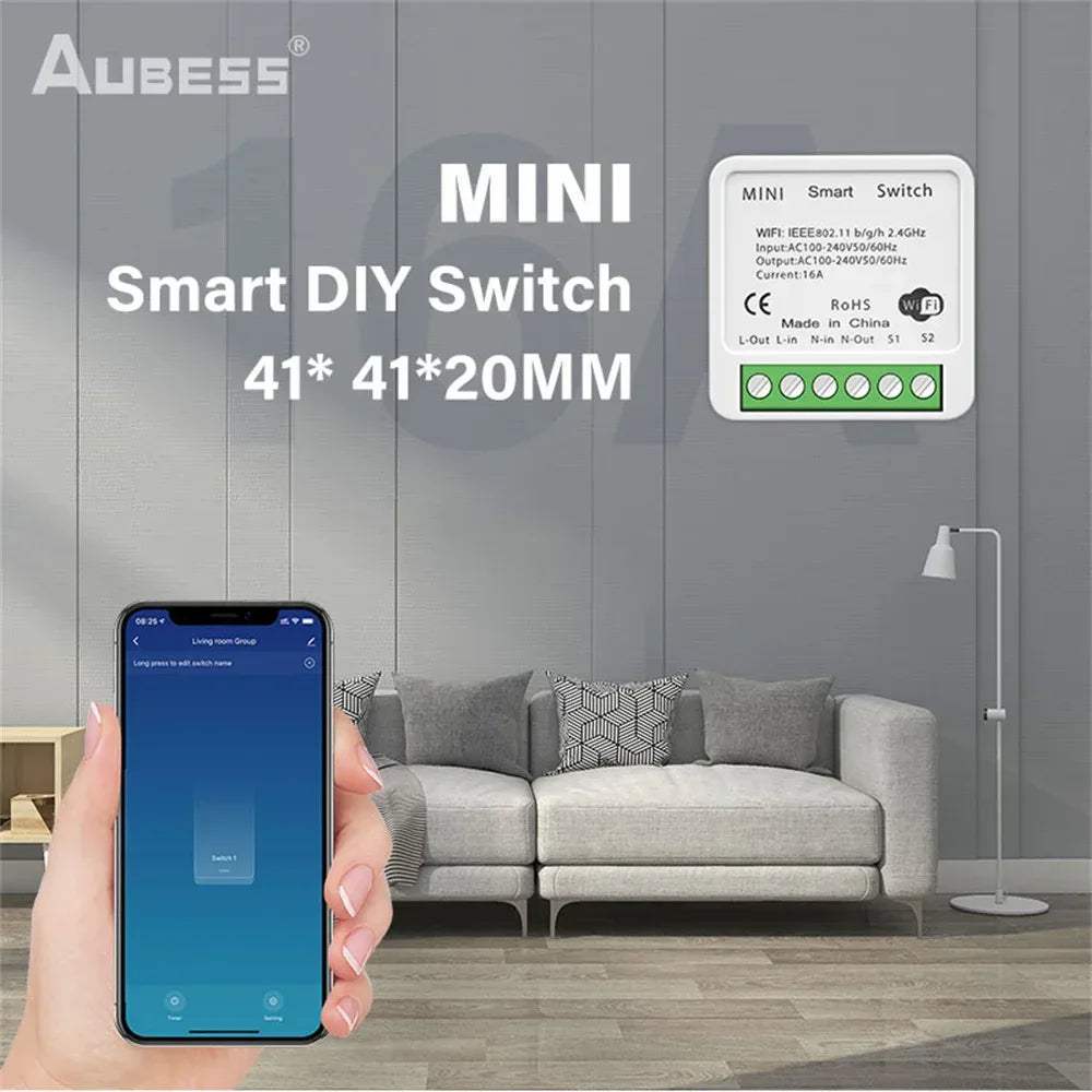 AUBESS Tuya WiFi Smart Switch 16A DIY Breaker Relay Module Smart Home Smart Life App 2 Way Remote Control Via Alexa Google Home