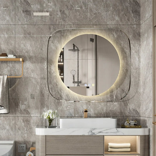 LUVODI Unique Lighted Backlit Bathroom Vanity Mirror 3 Color Dimming Defog LED Bathroom Mirror Design Dressing Mirror Decor