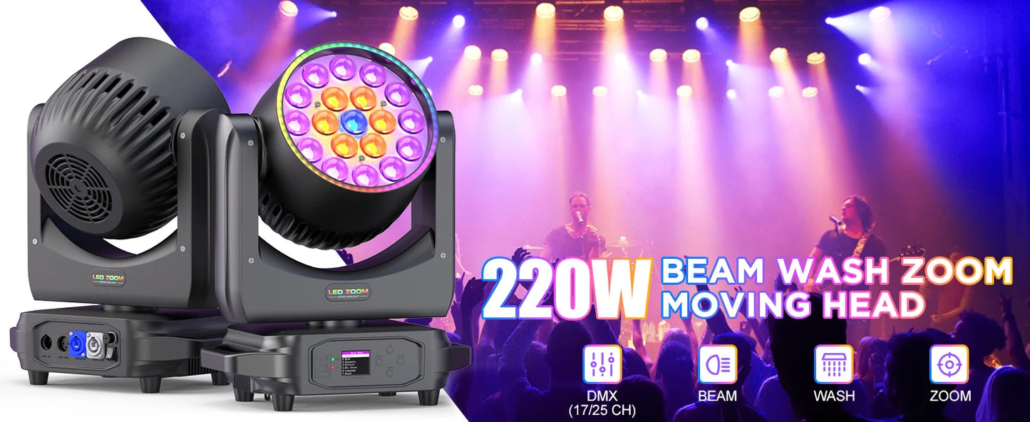 U'King 2Pcs 220W Beam Wash Zoom Moving Head Lights With Light Strip19X15W RGBW LED Stage Light DMX512 DJ Light For KTV Bar Party