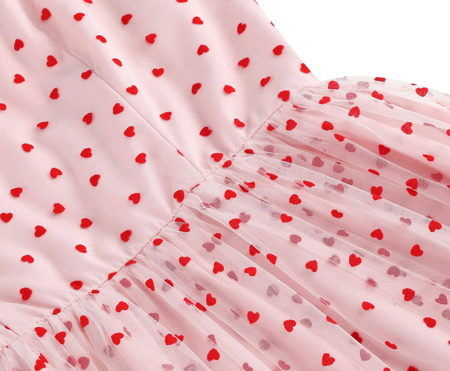 Knot Strap Strawberry Patchwork Vintage Dress 2025 Heart Flocking Valentine's Day Dress Women Birthday Party Pleated Mesh Dress