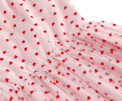 Knot Strap Strawberry Patchwork Vintage Dress 2025 Heart Flocking Valentine's Day Dress Women Birthday Party Pleated Mesh Dress