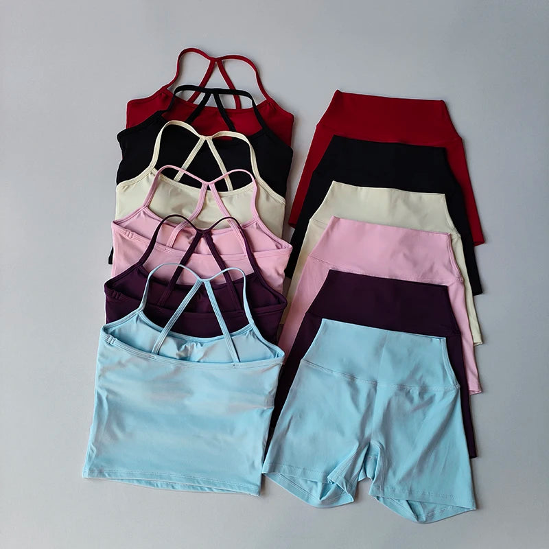 2PCS Gym Fitness Medium-intensity Sports Vest Beauty Back Yoga Suit Sports Bra Women Pilates Bra High Waist Hip Lift Shorts Set