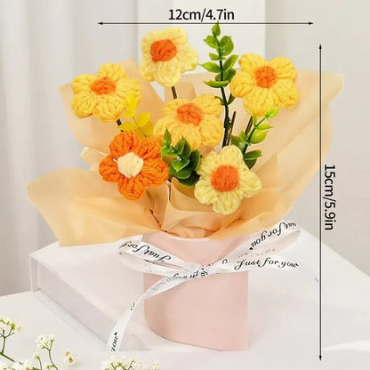 DTCTK Knitted Flower Bouquet Crochet Rose Flowers Hugging Bucket Christmas Gifts Living Room Desk Decoration Valentine's Day Gif