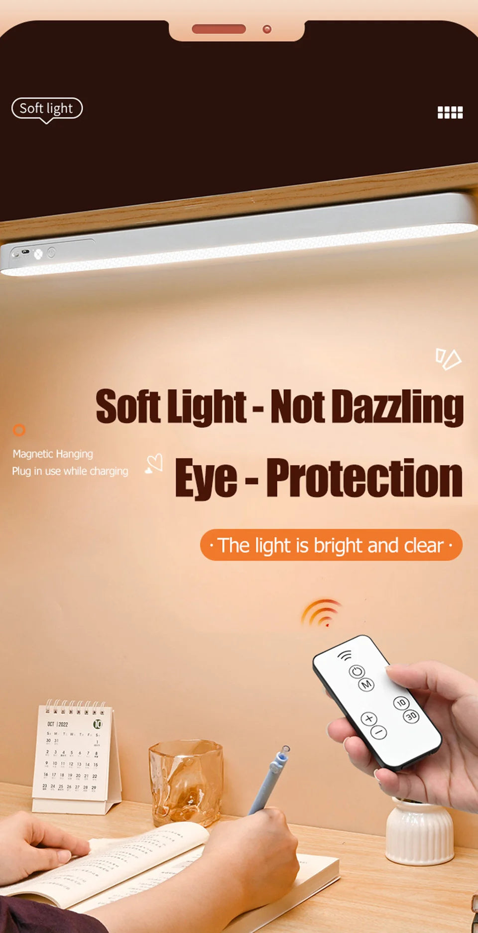 HOMEFISH Eye-care Table Lamp LED Light Bar Rechargeable Wirless Desk Reading Lamp USB Night Light For Bedside Kitchen Cabinet