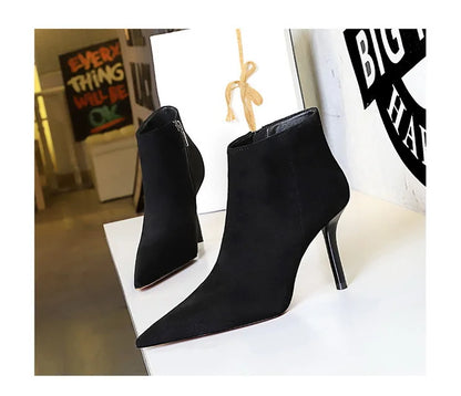 BIGTREE Shoes Suede Ankle Boots For Women Heels Winter Boots Pointed Stilettos High-heeled Boots Side Zipper Black Short Boots