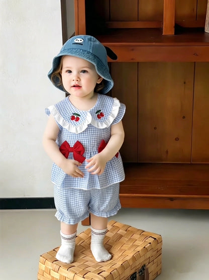 Summer Baby Girls 2Pcs Set 9-12M Blue Gingham Cherry Embroidered Ruffle Top & Bloomers  Infant Casual Daily Wear