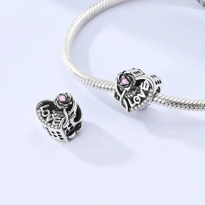 925 Silver Valentine's Day Charms Bead Sparkling Sweet Heart Rose Bear Charm Fit Original Bracelet Bangle Woman DIY Jewelry Gift