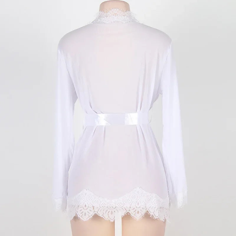 Women's Sheer Lace Kimono Robe, Long Sleeve V-Neck Belted Soft Bridal Wedding Lingerie Nightwear Multi-color