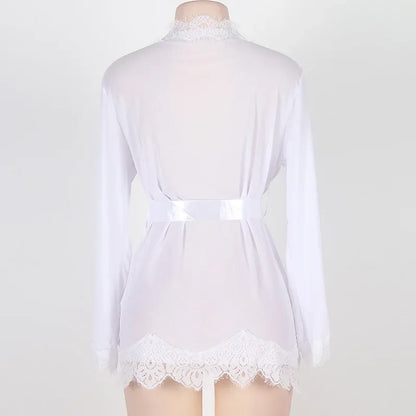 Women's Sheer Lace Kimono Robe, Long Sleeve V-Neck Belted Soft Bridal Wedding Lingerie Nightwear Multi-color