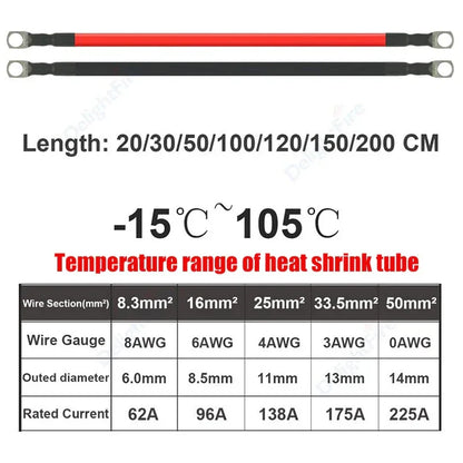 8 AWG Gauge 8.3mm2 Soft Car Battery Inverter Silicone Cable with M6 M8 M10 Terminal Red Black Electric Wire for Auto Solar Truck