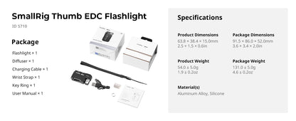 SmallRig Thumb EDC Flashlight Ultra-Compact 5-in-1 Flashlight with Rotatable Light Head Magnetic Base, Back Clip, 1/4"-20 Holes
