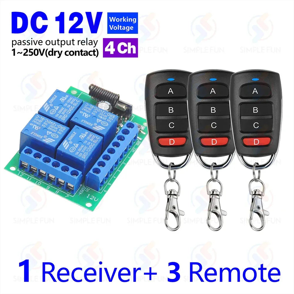 433Mhz Universal Wireless Remote Control Light Switch DC 12V 4CH RF Relay Receiver 60m Range for Light/Garage Door/LED DIY