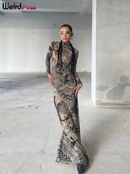 Robe longue moulante à imprimé résille Weird Puss pour femme, col roulé, manches longues, style automne tendance, hipster, streetwear, soirée, look Y2K