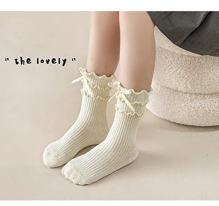 Korean Fashion Lace Lolita Calf Sock for Kids Girl Beige Black Color Ruffle Bow Children Calf Sock Spring Autumn Cotton Sock