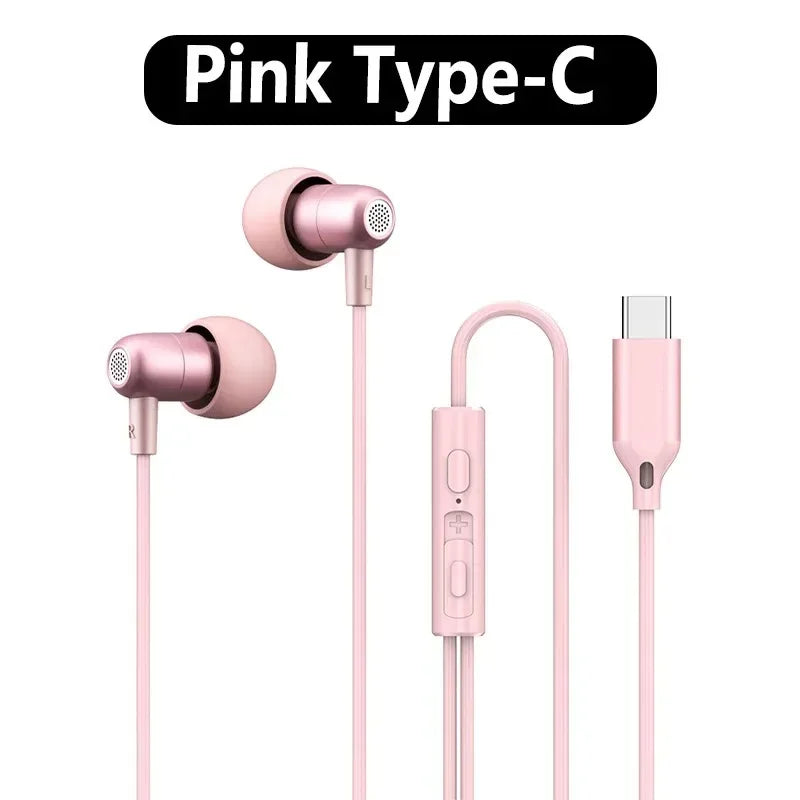 Portable In Ear Music Wired Pink Earphones For Girl Women Gaming Play With Mic Sleep Anti-lost Wired Type C 3.5mm Headphone