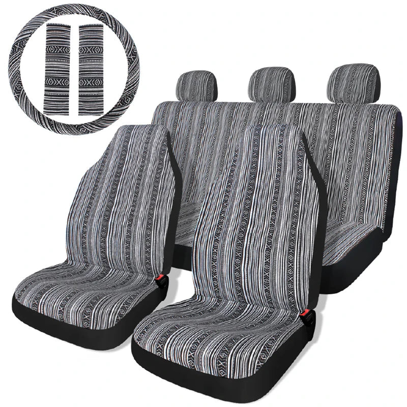 AUTO PLUS Striped Car Seat Covers Full Set with Seat Belt Pads Steering Wheel Cover Universal Washable Seat Covers for Cars by PDG ibma