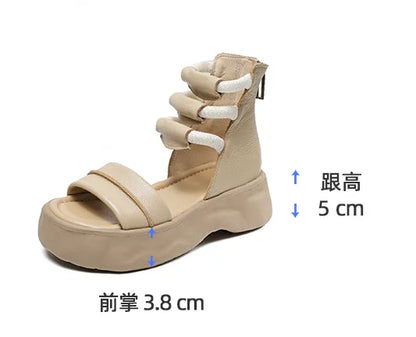 Koznoy 8cm Natural Genuine Leather Sandals Boots Flats Platform Wedge Summer Women Hollow Pumps Peep Toe Booties Mary Jane Shoes
