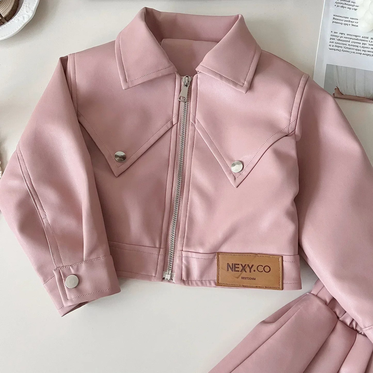 2024 Girls Baby Spring Autumn Winter PU Clothing Set Fashion Kids Leather Zipper Jackets+skirts Children 2pcs Birthday Clothes