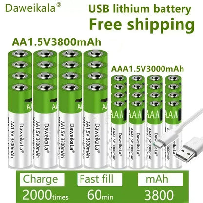Daweikala rechargeable lithium battery, toy flashlight, MP3 player, 1.5V, AA, 3800mAh/AAA, 3000mAh