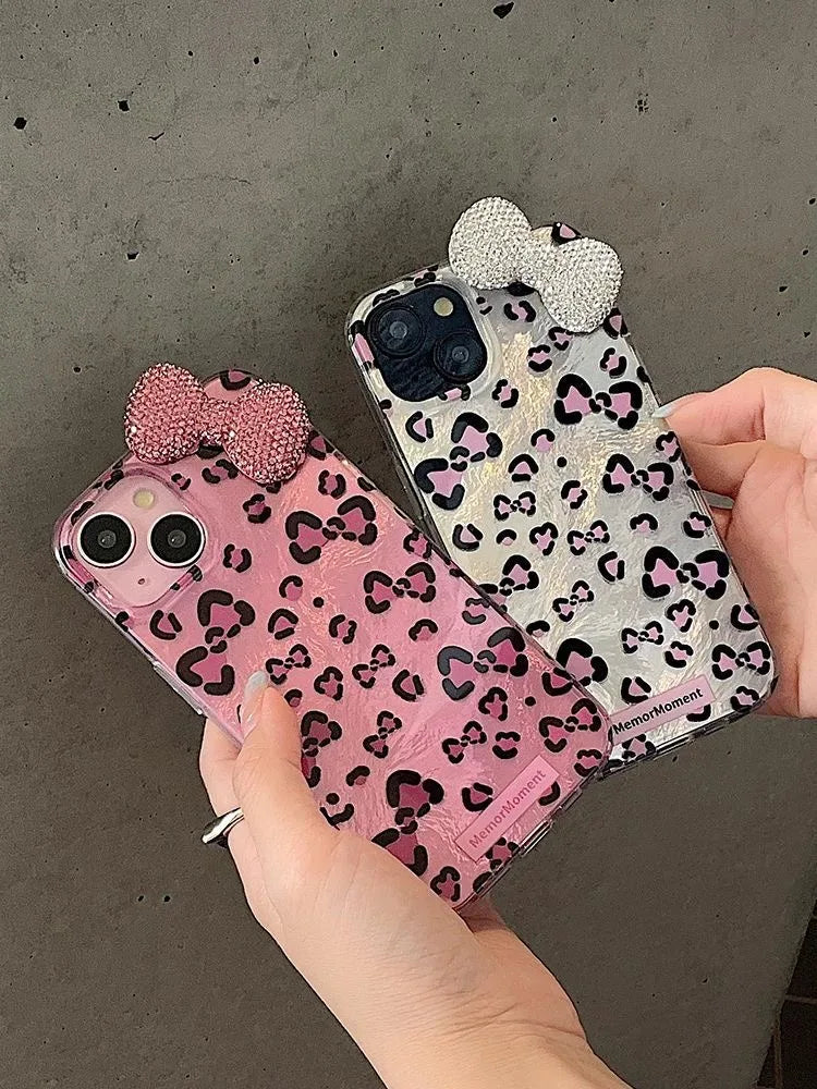 Sexy Leopard Diamond Bowknot Lustre Lining Phone Case for OPPO A18 A17 A16 A15 A38 A58 A78 A94 A74 A54 A57 A77 A53 A3X A40 A60