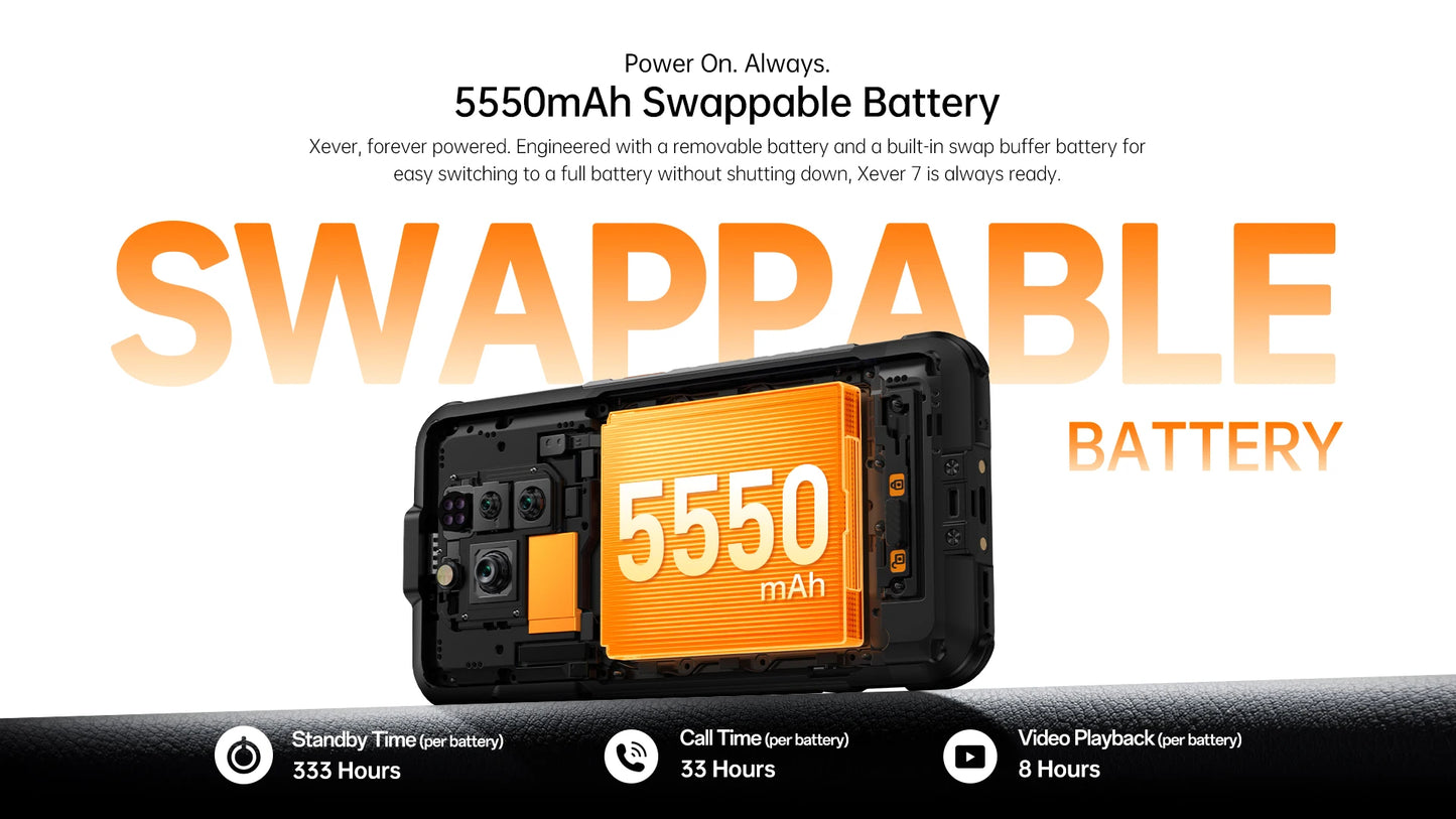 RugOne Xever 7 5G Rugged Phone Android 15 Smartphone 512GB ROM 12+12GB RAM 6.67" 120Hz AMOLED NFC 5500mAh Swappable Battery