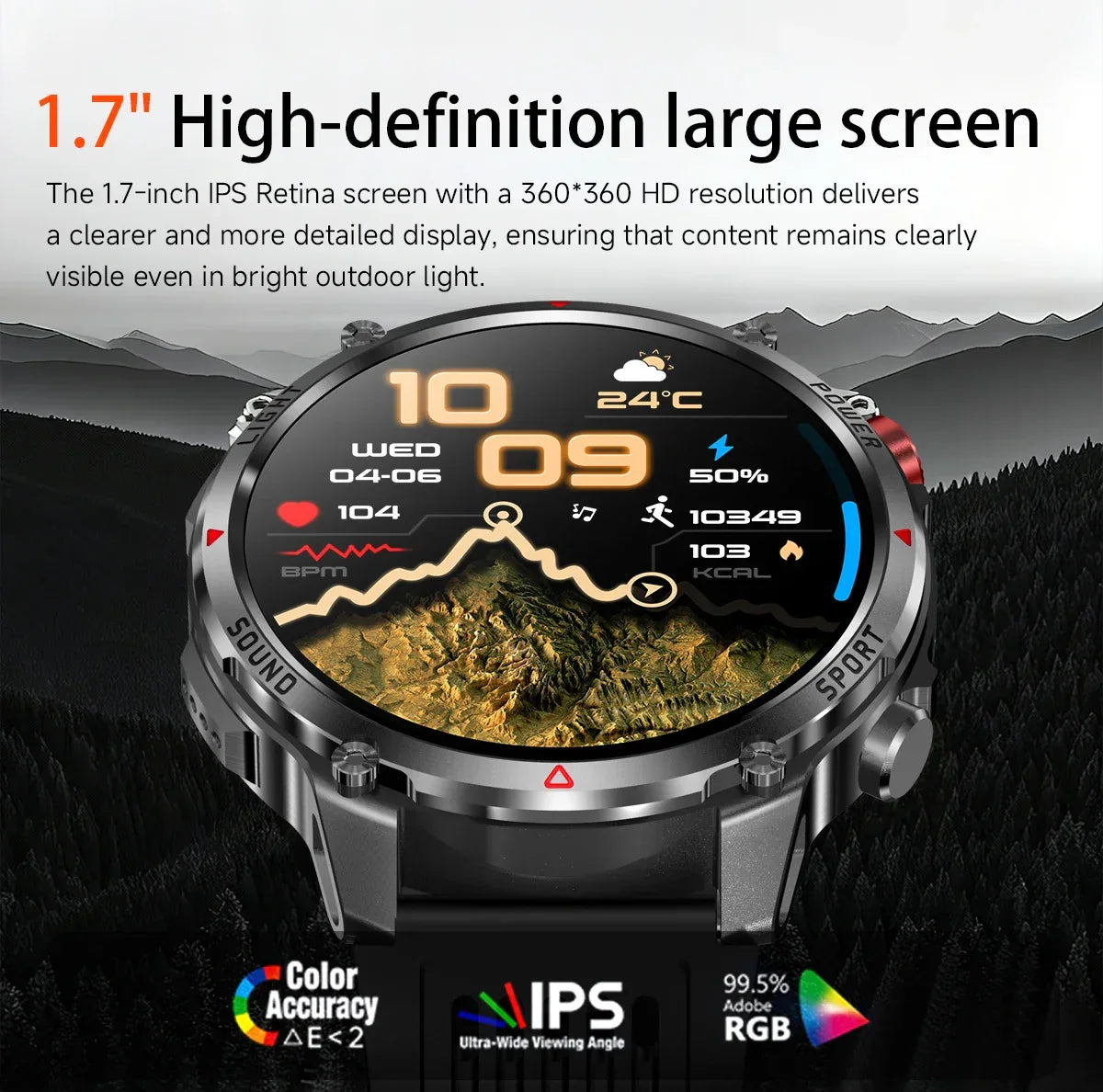 2026 Edition Military Outdoor Sports Smartwatch 1.7-inch AMOLED screen 1100 mAh battery LED flashlight Bluetooth call Waterproof