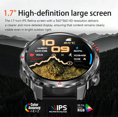 2026 Edition Military Outdoor Sports Smartwatch 1.7-inch AMOLED screen 1100 mAh battery LED flashlight Bluetooth call Waterproof