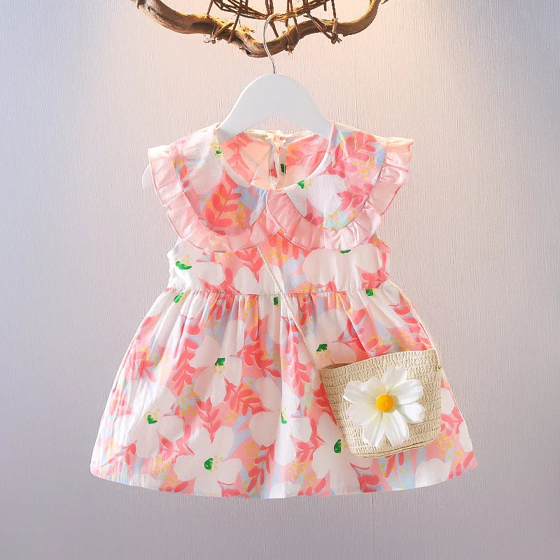 Summer New Style Baby Girls Dress Short Sleeve Flower Fake Two-Piece Shoulder Strap Dress Cute Princess Wedding Party Costume