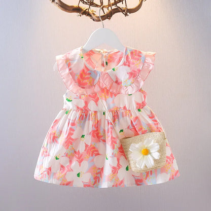 Summer New Style Baby Girls Dress Short Sleeve Flower Fake Two-Piece Shoulder Strap Dress Cute Princess Wedding Party Costume