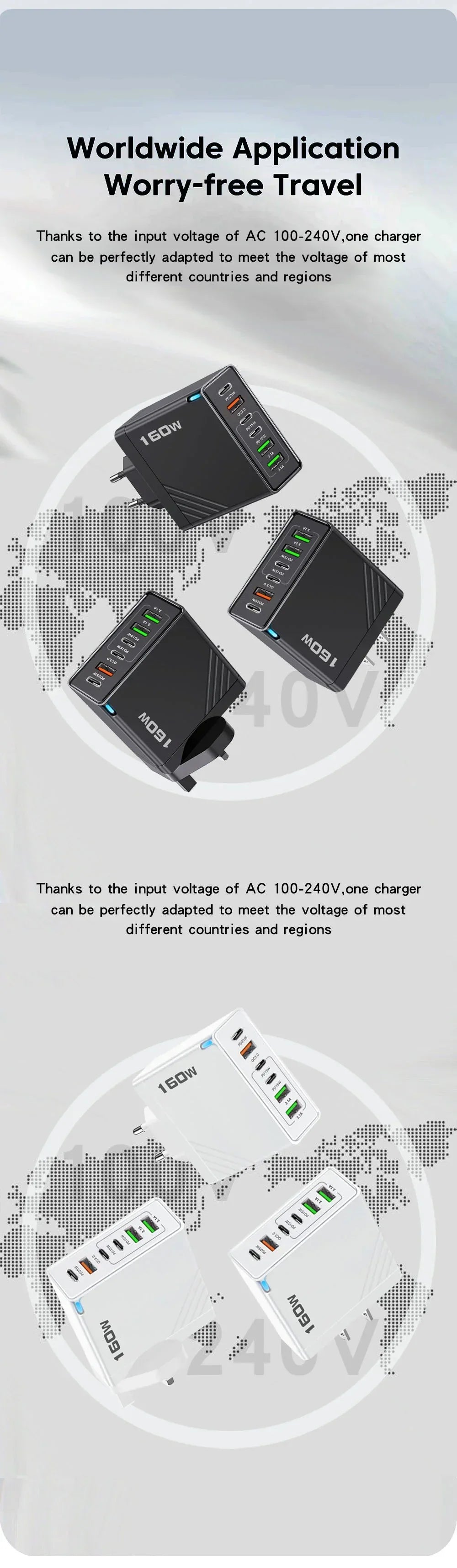 160W Fast Charge Phone Charger Adapter Multi Port USB Type C Charger For iPhone Samsung Xiaomi Huawei EU/US/UK Plug Wall Charger