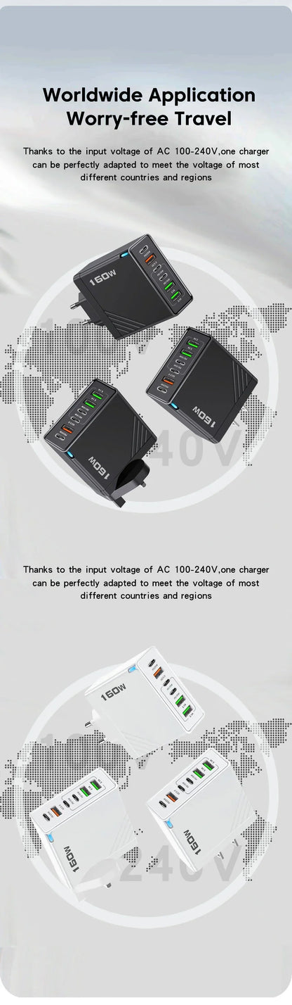 160W Fast Charge Phone Charger Adapter Multi Port USB Type C Charger For iPhone Samsung Xiaomi Huawei EU/US/UK Plug Wall Charger
