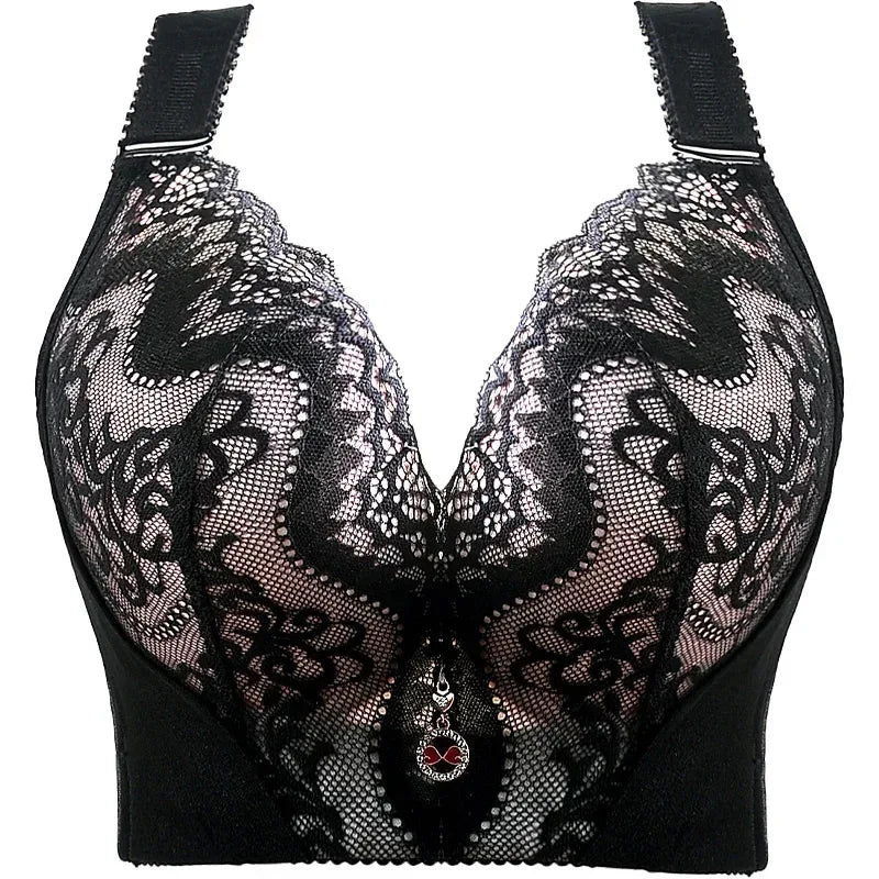 Plus Size Push Up Bra Sexy Lace Underwire - Full Coverage Lingerie for Curvy Women, Wide Side Wings & Thin Cup Support Big Bust