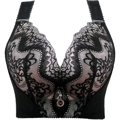 Plus Size Push Up Bra Sexy Lace Underwire - Full Coverage Lingerie for Curvy Women, Wide Side Wings & Thin Cup Support Big Bust
